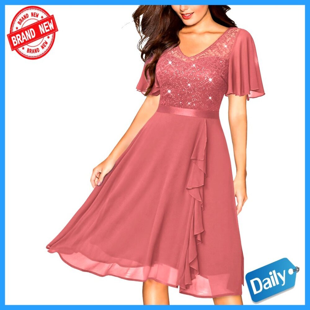Sequin Lace V-Neck Chiffon Cocktail Dress Ruffle Hem Flutter Sleeves Elegant